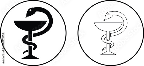 Set of Caduceus snake icons flat and outline Styles. Rod of Asclepius signs. Medical center, pharmacy, hospital with popular symbols of medicine. Medical health care logos on transparent background.