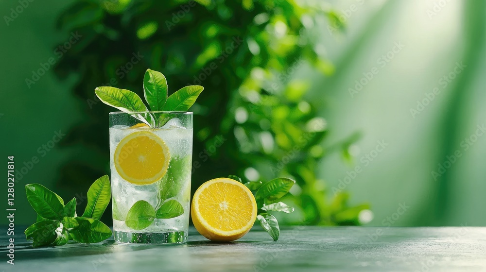 Fototapeta premium Refreshing citrus drink, ice, leaves, green background, summer