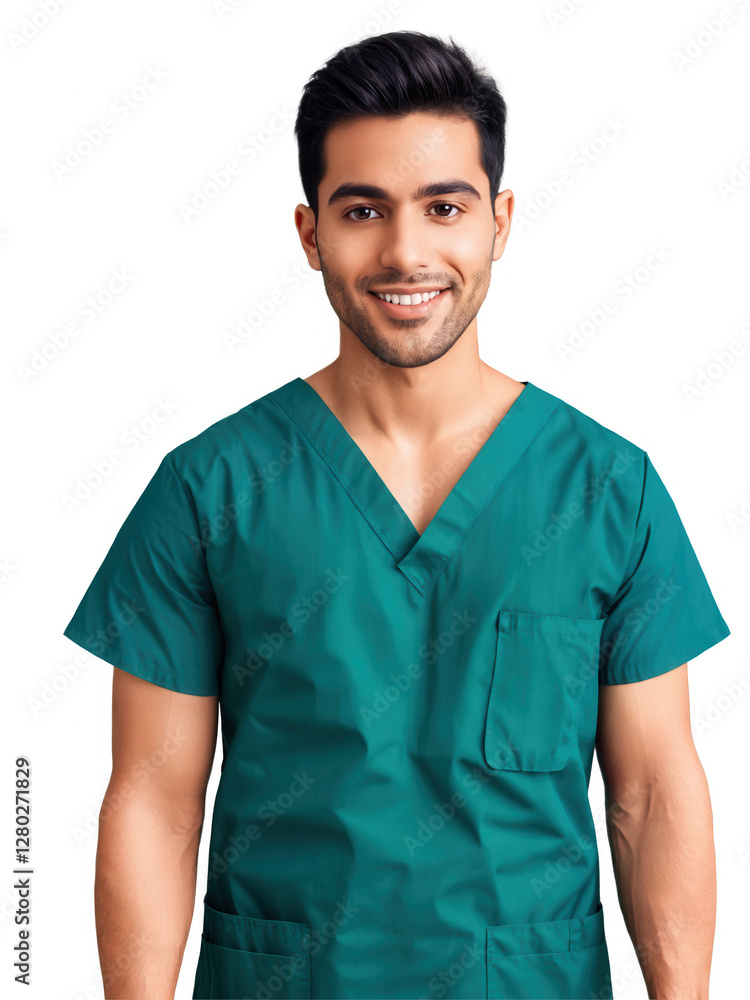 Nurse, male, Hispanic, 27 years old, with short hair and a soft smile, wearing green scrubs and a stethoscope, preparing Nurse, male, Hispanic, 27 years old, with short hair and a soft smile, wearing green scrubs and a stethoscope, preparing