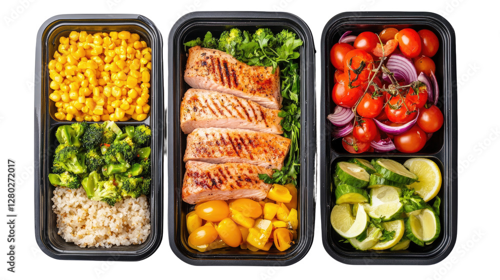 Healthy Meal Prep: A trio of pre-portioned meal prep containers are meticulously arranged, presenting a vibrant and balanced assortment of nutritious foods designed for convenience and wellness. Healthy Meal Prep: A trio of pre-portioned meal prep containers are meticulously arranged, presenting a vibrant and balanced assortment of nutritious foods designed for convenience and wellness.