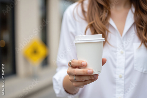 person's hand holding white paper coffee cup outdoor setting