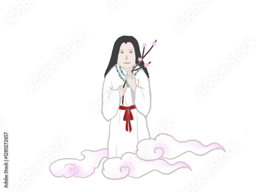Konohanasakuyahime, a goddess from Japanese mythology, stands holding a branch with cherry blossoms blooming on it.
