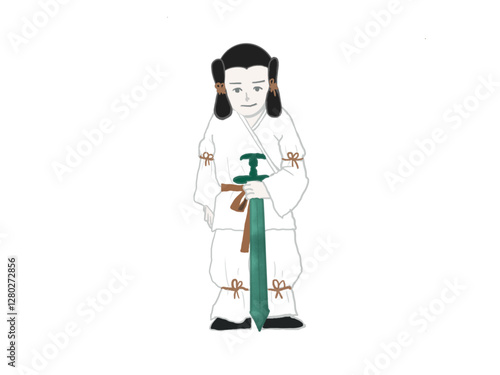 A figure of Ninigi no Mikoto, a god that appears in Japanese mythology, standing with a sword.