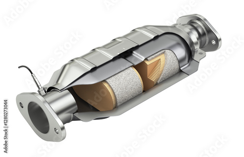 Cross section of catalytic converter with sensor flue gas isolated on transparent background - 3d PNG illustration