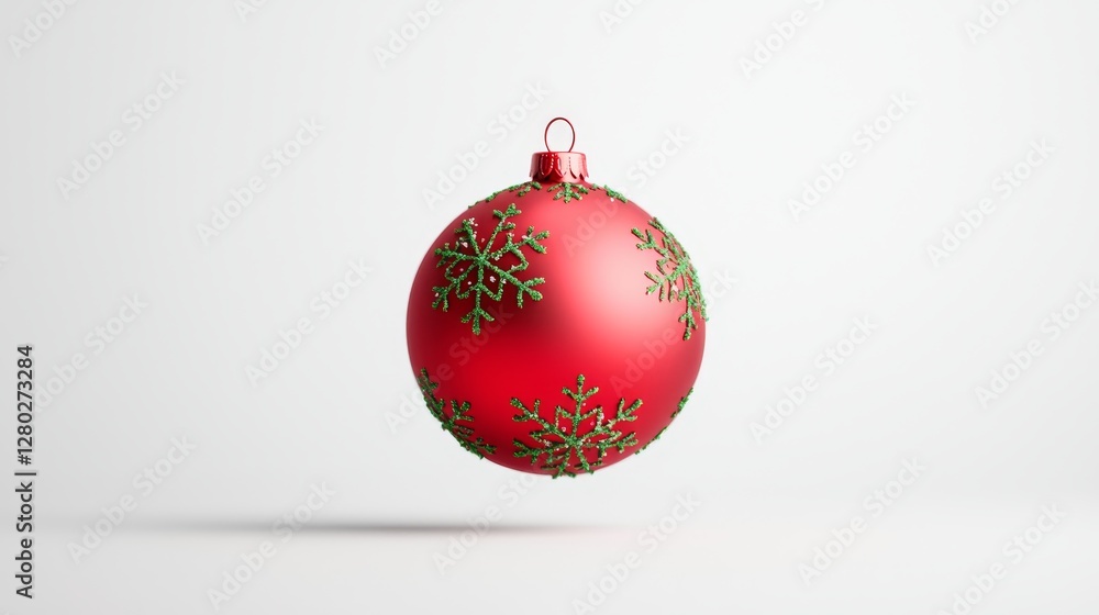 Christmas ornament floating in studio red bauble with snowflakes holiday decor minimalistic setting Christmas ornament floating in studio red bauble with snowflakes holiday decor minimalistic setting
