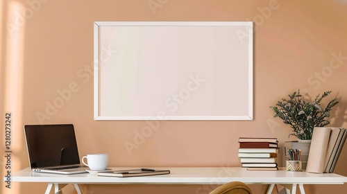 A white rectangular frame above a desk in a cozy office, with a laptop, a cup of coffee, and a small stack   HD 8K mockup wallpaper Photographic Image