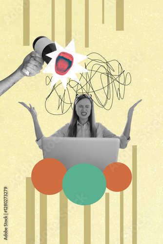 Canvas Print Vertical art trend collage of angry employee girl sit workplace laptop hand hold