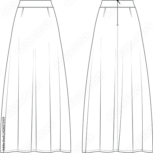 darted tailored zippered flared a line maxi midi long skirt template technical drawing flat sketch cad mockup fashion woman design style model 
