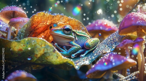 Colorful frog resting on a leaf surrounded by vibrant mushrooms and droplets of water in a magical forest setting
