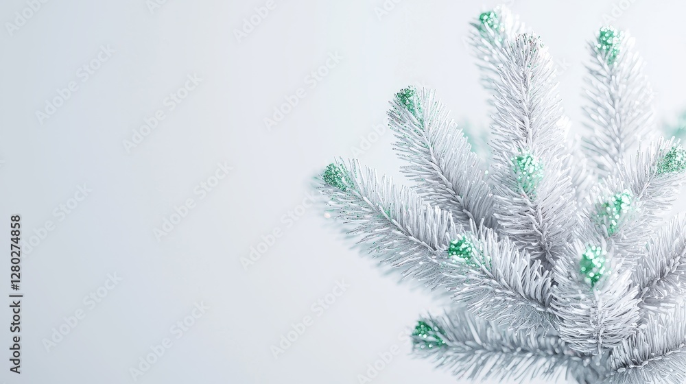 Fototapeta premium Festive holiday decoration indoor setting image of snowy faux christmas tree minimalist aesthetic close-up view