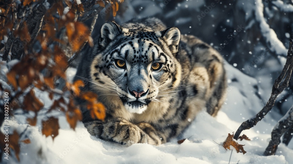 Fototapeta premium Snow Leopard in Snowy Mountain Habitat