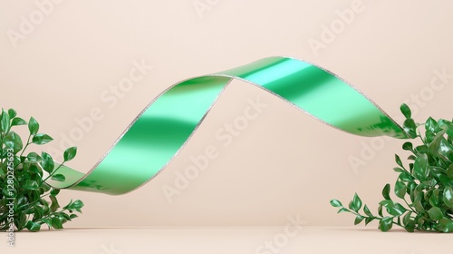 Flowing green ribbon surrounded by plants minimalist setup studio environment creative concept for design