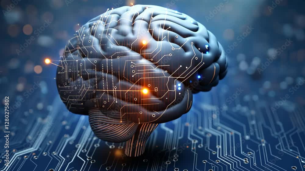 human brain in digital cybernetic verse with neon light and neuron connection, Ai and human concept