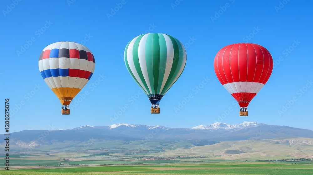 Obraz premium Colorful hot air balloons soaring above picturesque mountain range against clear blue sky aerial adventures summertime wanderlust dreamlike journey