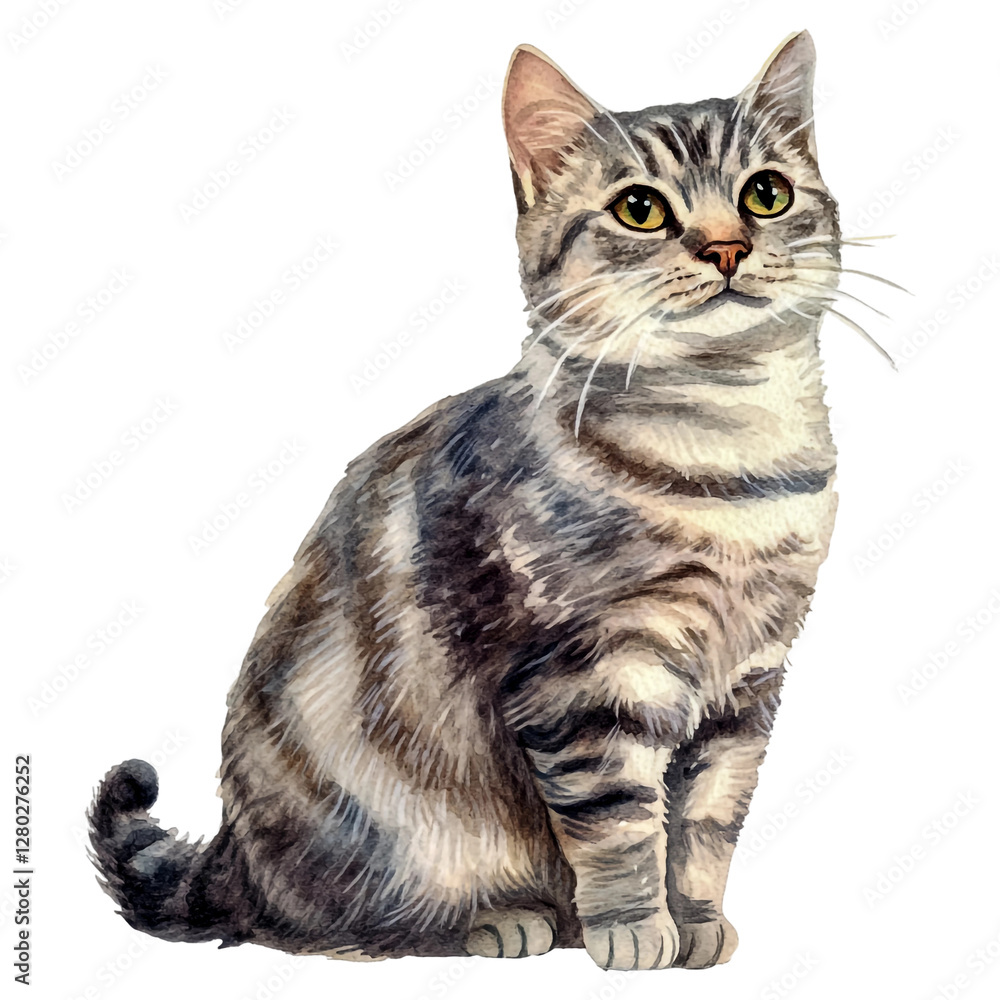 Fototapeta premium Sitting shorthair cat watercolor isolated on a transparent background.