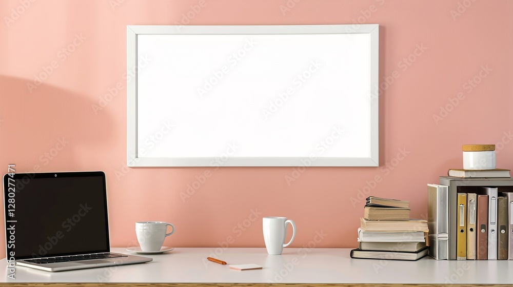 Obraz premium A white rectangular frame above a desk in a home office, surrounded by a cup, a laptop, and a pile of books. HD 8K mockup wallpaper Photographic Image