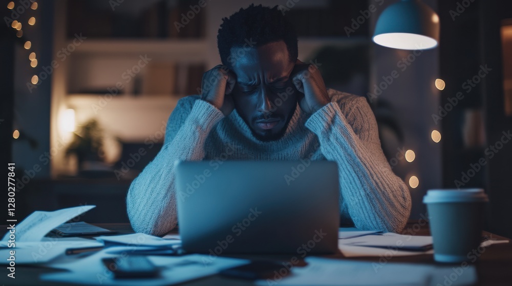 Worried user sitting at a desk, gazing at a laptop with a stressed expression. Featuring mental overload and emotional strain Worried user sitting at a desk, gazing at a laptop with a stressed expression. Featuring mental overload and emotional strain