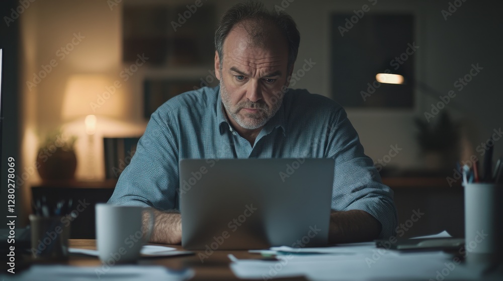 Worried user sitting at a desk, gazing at a laptop with a tense look. Featuring frustration and confusion Worried user sitting at a desk, gazing at a laptop with a tense look. Featuring frustration and confusion