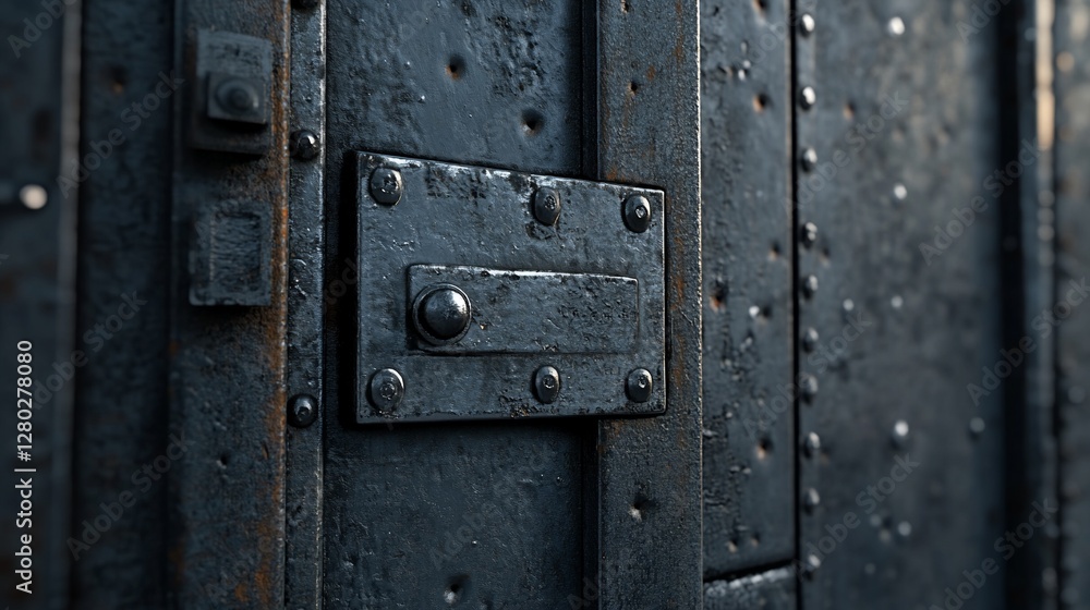 Close-up of rusty metal door with rivets and lock. Close-up of rusty metal door with rivets and lock.