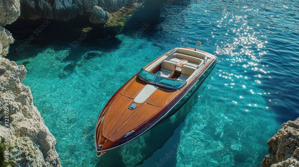 Obraz premium Aerial View of Luxury Yacht with Woman Relaxing on Deck, Speeding Through Blue Ocean Waters 