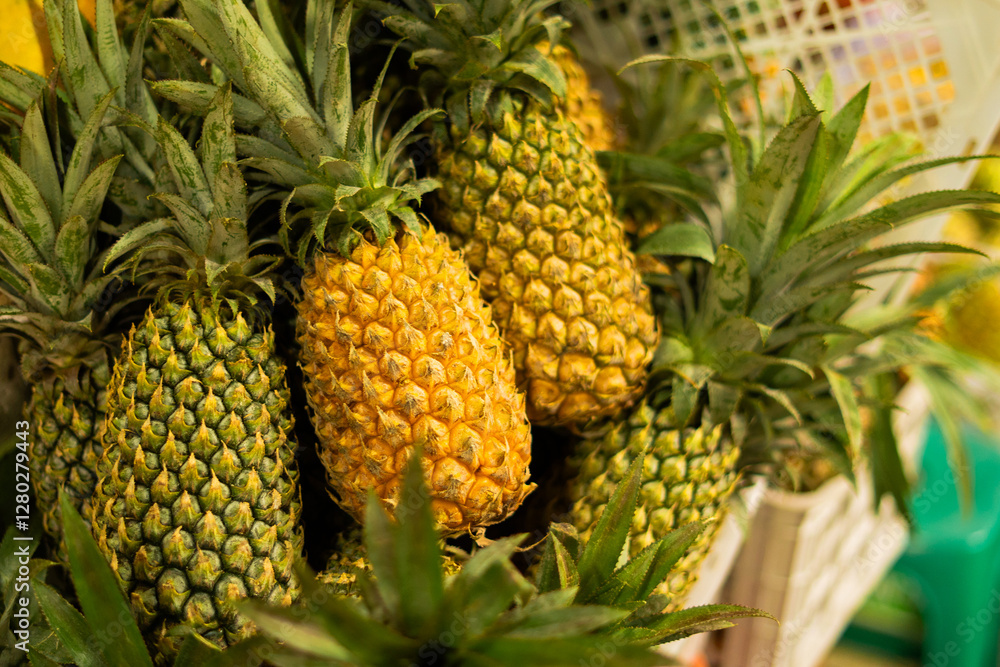 Fresh Ripe Pineapples Displayed at a Traditional Market Stall – Tropical Fruit for Sale in a Local Market Fresh Ripe Pineapples Displayed at a Traditional Market Stall – Tropical Fruit for Sale in a Local Market