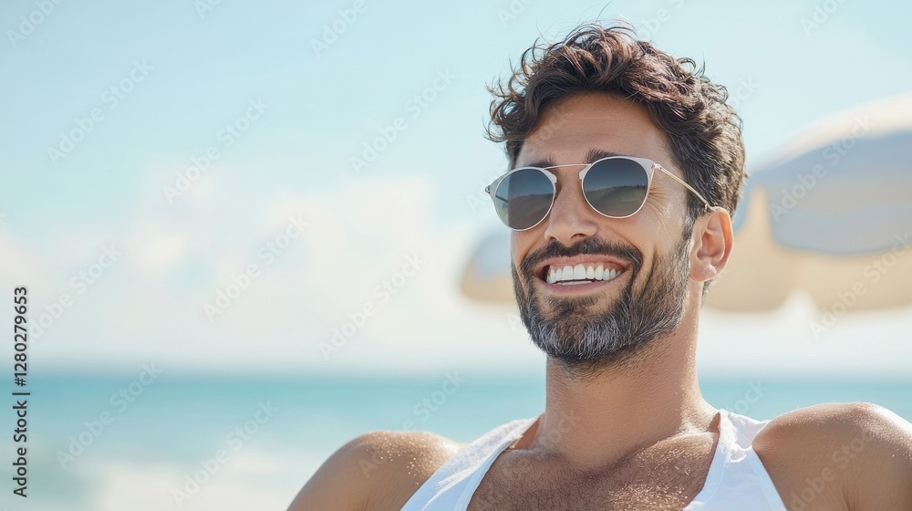 Relaxing man enjoys sun on beach summer vibes lifestyle tropical close-up Relaxing man enjoys sun on beach summer vibes lifestyle tropical close-up