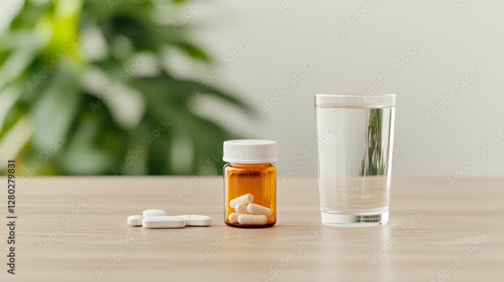 Taking medication with water home setting still life calm environment close-up Taking medication with water home setting still life calm environment close-up