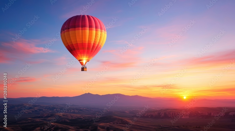Obraz premium A hot air balloon floating across a vast desert landscape at sunrise, its silhouette a symbol of adventure, freedom, and the beauty of travel and exploration.