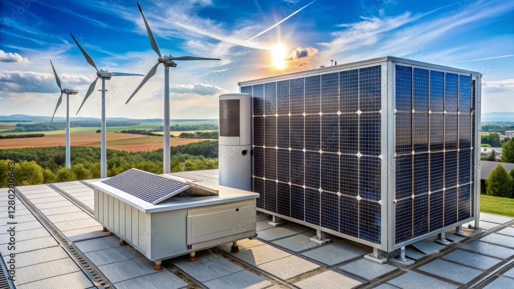Sustainable Energy System on a Rooftop with Wind Turbines in the Background Sustainable Energy System on a Rooftop with Wind Turbines in the Background