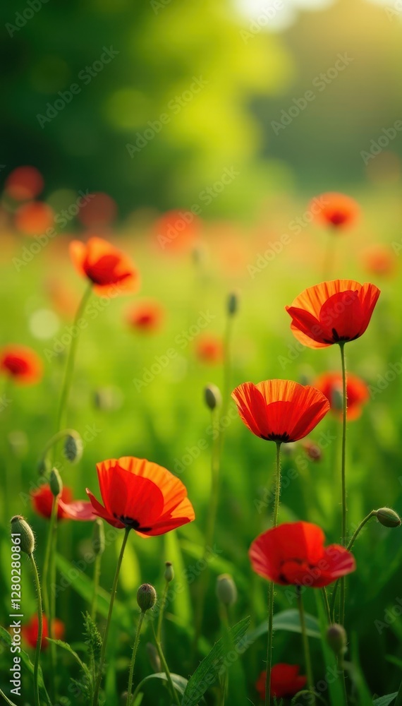 Red poppies scattered across a lush green summer meadow, bathed in sunlight , nature, petals, stem Red poppies scattered across a lush green summer meadow, bathed in sunlight , nature, petals, stem