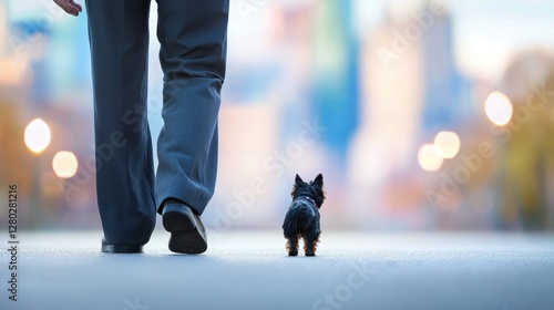 An elderly man walking his small terrier on a city street, the dog patiently trotting beside him, companionship and loyalty. photo