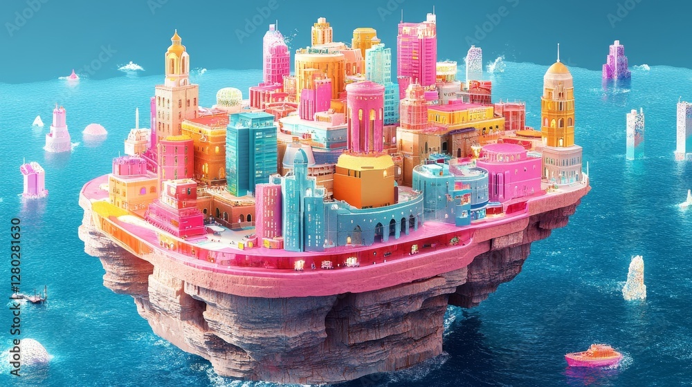 Obraz premium Candycoloredfloatingislandcityscapepastelbuildingsonclearblueseaavibrantarchitecturedesignurbanutopiaimaginativeconstructiondreamlikeview
