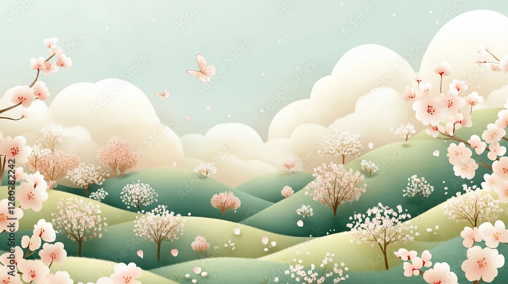 Dreamy spring landscape with blooming trees, rolling hills, and butterflies. Dreamy spring landscape with blooming trees, rolling hills, and butterflies.