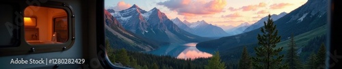 Majestic mountain vista reflected in RV window, trees, green, peak