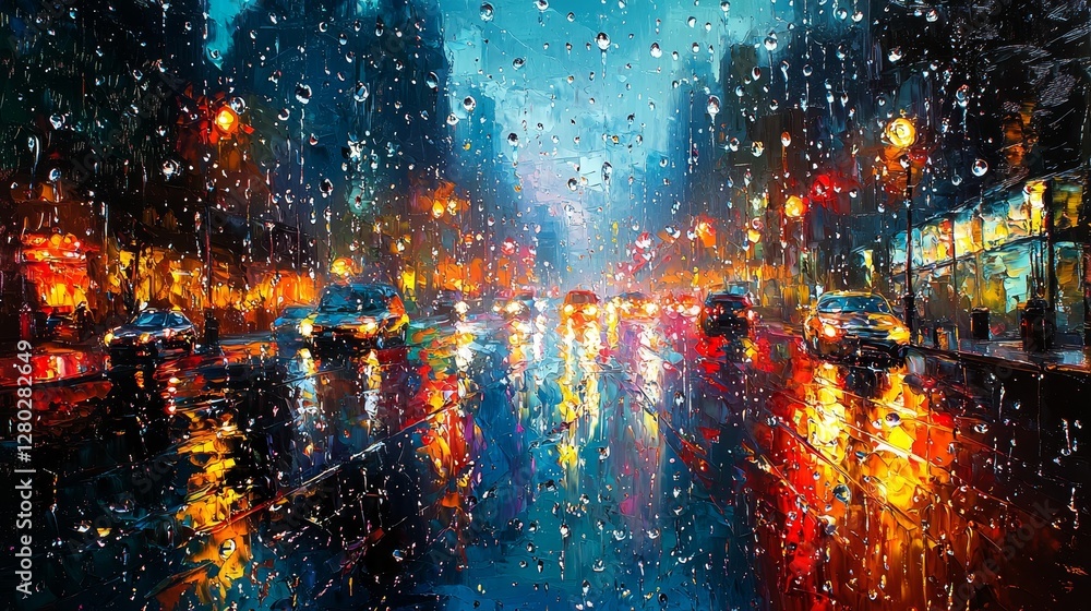 Obraz premium Rainy night reflections urban street city lights wet pavement vibrant colors atmospheric mood