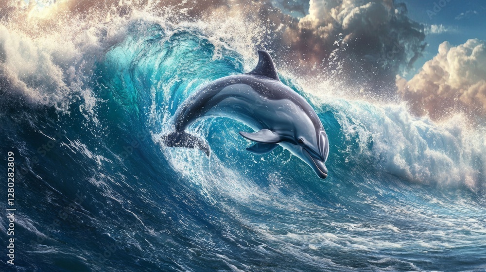 Fototapeta premium Dolphin Leaping from Ocean Wave at Sunset