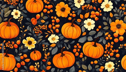 Autumn Pumpkins Floral Pattern Background