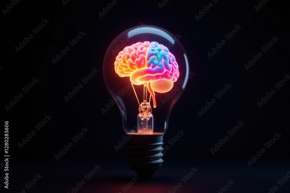 Colorful brain glowing within a glass light bulb, stark black backdrop, innovation, brain, spark Colorful brain glowing within a glass light bulb, stark black backdrop, innovation, brain, spark