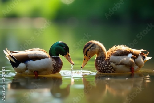 Ducks cooling off, drinking water on a hot summer day, waterfowl, summer