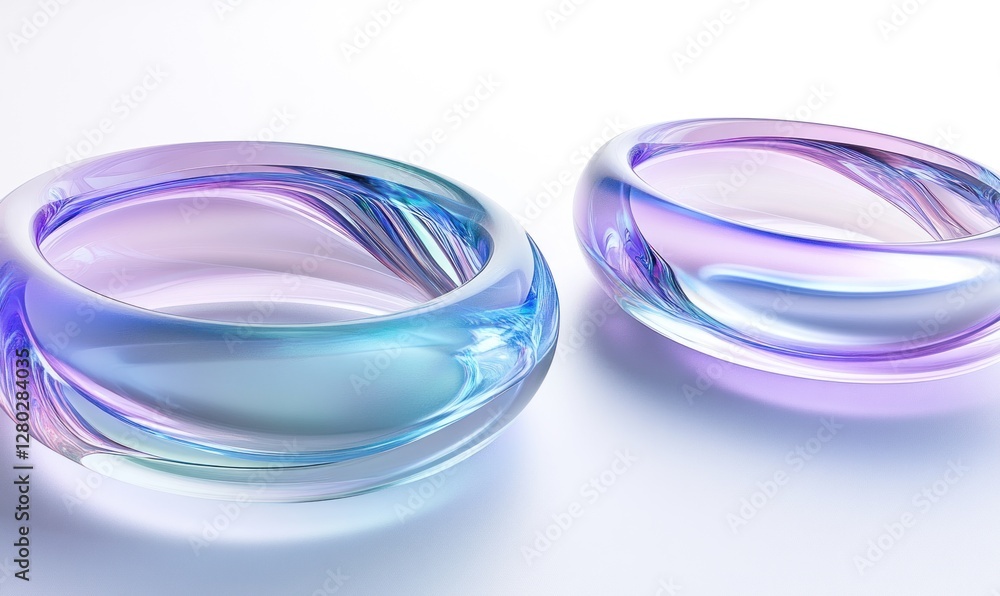 Two iridescent glass rings on white background. Two iridescent glass rings on white background.