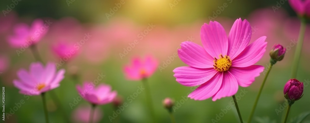 Pink cosmos flowers blooming in a vibrant garden , flora, floral, blossom Pink cosmos flowers blooming in a vibrant garden , flora, floral, blossom