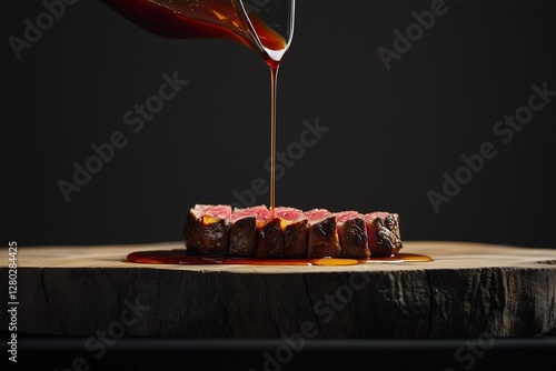 A medium-rare steak, sliced into even portions, with a glossy, rich sauce cascading from a glass pourer. The dish is served on a rustic wooden slab, moody, dramatic atmosphere photo