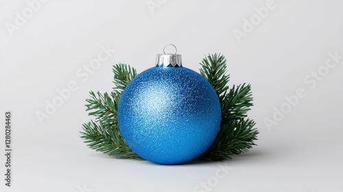 Christmas ornament display festive home decor close-up minimalist setting sparkling blue ball seasonal vibes