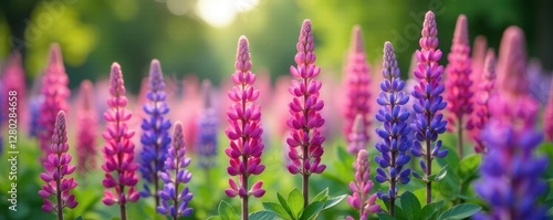 Towering stalks of purple and pink lupines, showing full bloom detail , garden, field