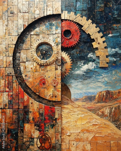 Mechanical art fusion desert landscape with gears abstract artwork creative environment close-up view