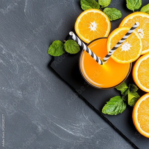 Top View of Orange Juice Surrounded by Orange Slices and Mint Leaves on Slate Table