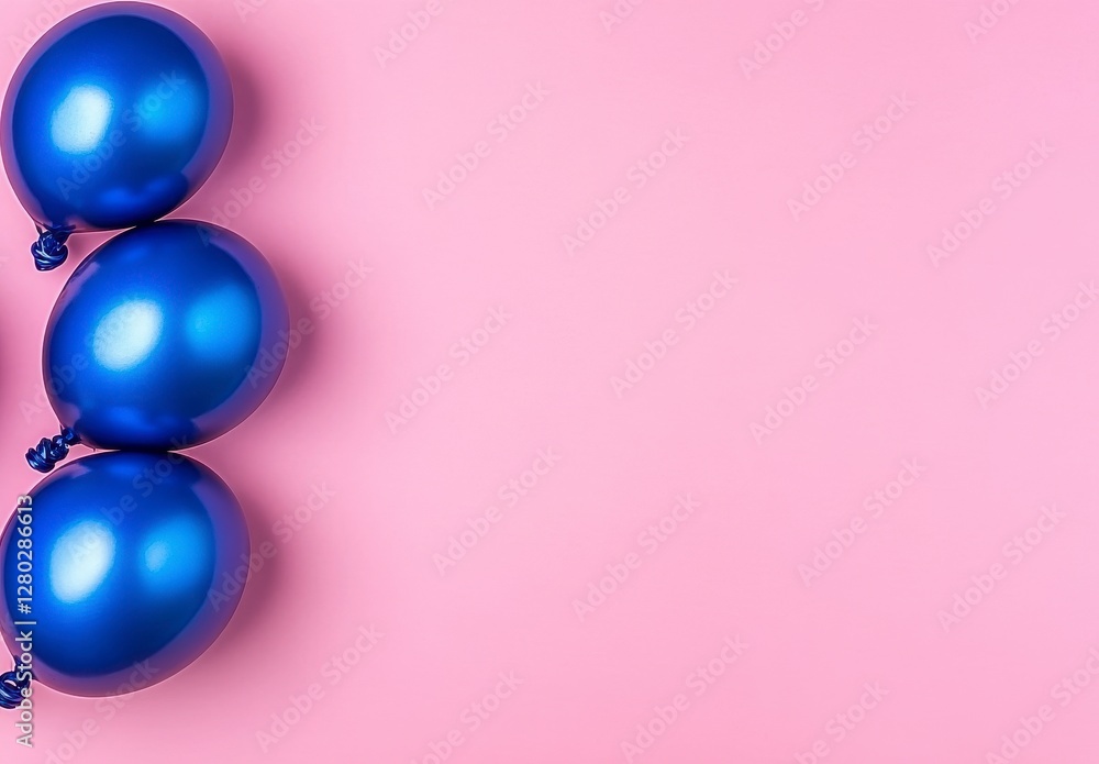 Fototapeta premium Three Metallic Blue Balloons on a Pastel Pink Background for Celebratory Occasions