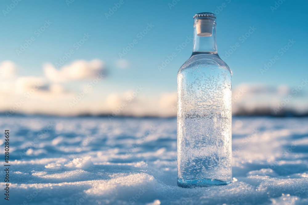 A bottle of water standing alone in pristine snow, contrasting against the white background. A bottle of water standing alone in pristine snow, contrasting against the white background.