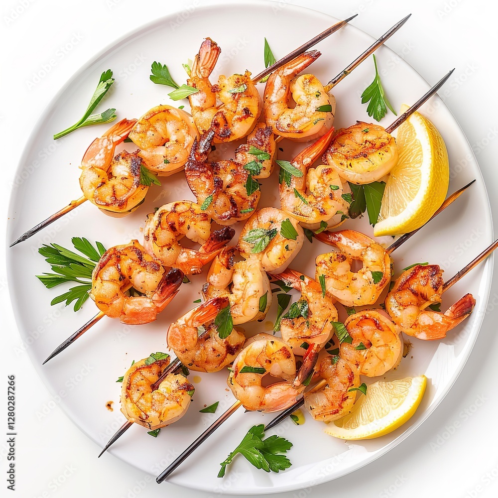 Grilled Shrimp Skewers with Lemon Wedges on a Plate: A Top-Down View of Seasoned and Grilled Shrimp on Wooden Skewers, Garnished with Parsley and Lemon, Evoking Seafood Cuisine and Healthy Grilling. Grilled Shrimp Skewers with Lemon Wedges on a Plate: A Top-Down View of Seasoned and Grilled Shrimp on Wooden Skewers, Garnished with Parsley and Lemon, Evoking Seafood Cuisine and Healthy Grilling.