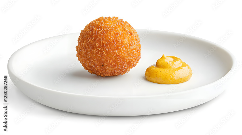 Single Dutch Bitterballen on White Plate with Swirl of Mustard Sauce Single Dutch Bitterballen on White Plate with Swirl of Mustard Sauce